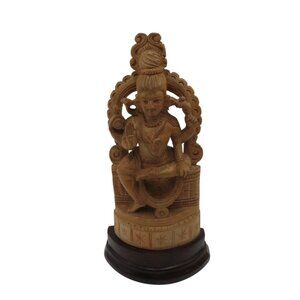 Hand-Carved Wooden Indian Statue With Intricate Detailing and Dark Base 9" Tall